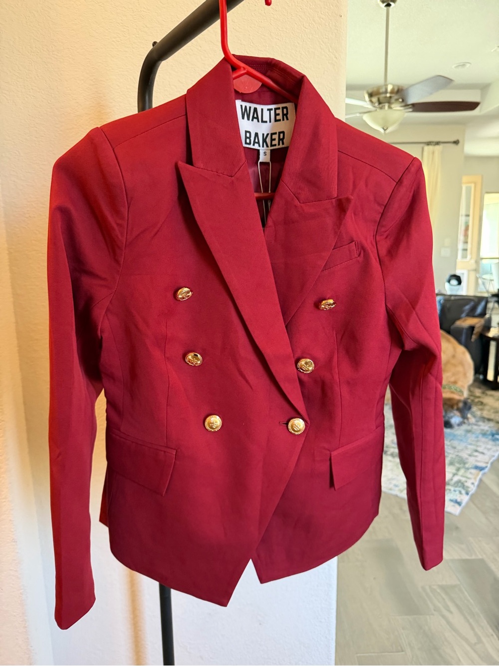 Walter Baker Burgundy Double-Breasted Blazer with Gold Buttons